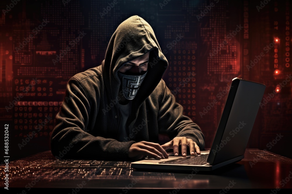 Poster hacker in a hood with a laptop on a dark