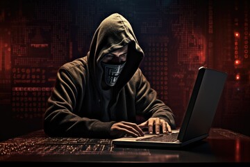 hacker in a hood with a laptop on a dark