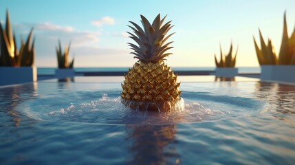 Pineapple on the edge of a swimming pool