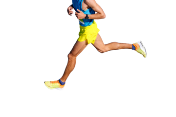top view male runner running marathon race, isolated on transparent background, timer on athlete hand
