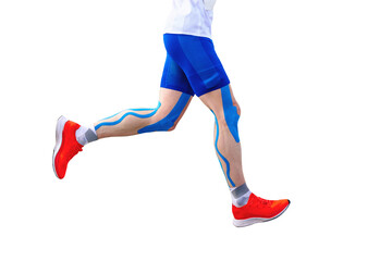 legs runner athlete in blue kinesiotaping on thigh, calf muscles and knees, isolated on transparent...