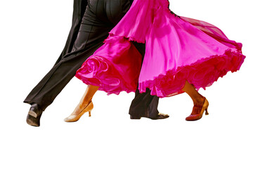 close-up part pink ball gown and and man black tail suit on dance floor isolated on transparent...
