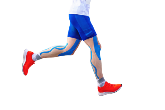 legs runner athlete in blue kinesiotaping on thigh, calf muscles and knees, isolated on transparent background