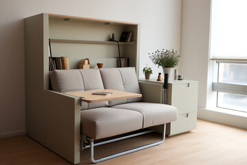  An image showing a convertible chair-desk combo in a compact studio apartment, illustrating space-efficient and multifunctional furniture design, ideal for maximizing utility in small living spaces.
