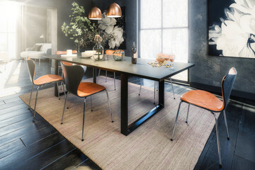 Interior Room with Table, Chairs, and Window View - 3D Visualization