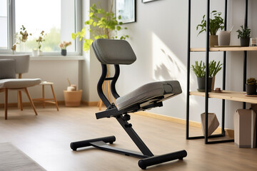  An image of an ergonomic kneeling chair in a minimalist home office, showcasing its unique design that promotes good posture, reflecting a health-conscious approach in a modern workspace.
