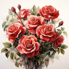 A Beautiful red rose flower bouquet in watercolor