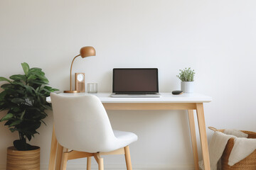 An image of a minimalist office chair in a freelancer's workspace, emphasizing clean lines and functional design, reflecting simplicity and focus, perfectly suited for working in a small, efficien



