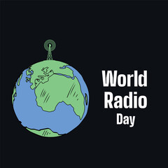 vector illustration. Radio tower stands on planet earth in space. World Radio Day inscription
