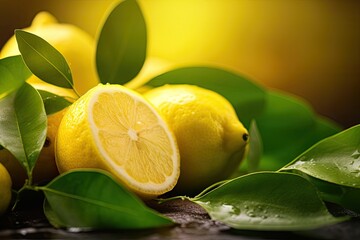 Juicy lemon, rich in vitamin C, organic and fresh on a table.