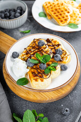 Homemade waffles with blueberries, chocolate sauce and cream cheese in a plate and a grey background close up vertical photo