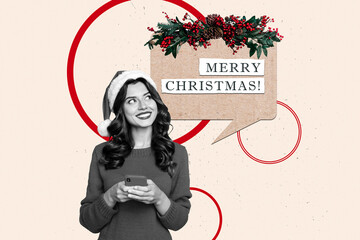 Composite collage image of young female device online eshopping christmas new year greeting card template holiday x-mas congratulation