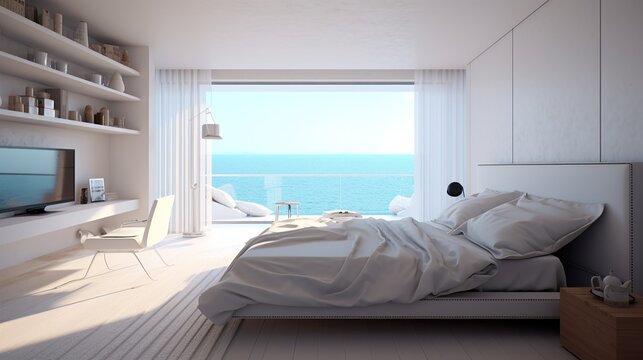 modern bedroom with sea view from the window