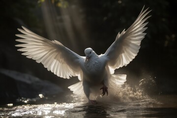 Obraz premium Photo of a white dove with a silhouette light background behind. Holy spirit photography