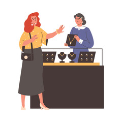 Woman in jewelry shop chooses jewelry, client and cashier in front of counter with chains and bracelet vector illustration