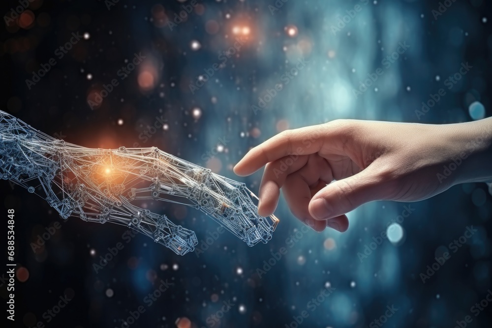 Aufkleber hands of human and artificial intelligence technology touching for big data network exchange.