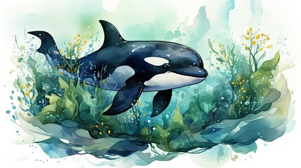 Fun watercolor paintings of smiling dolphins and orcas.