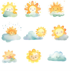 Cheerful clouds with sunbeams, watercolor clipart