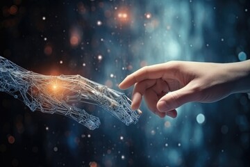 Hands of human and artificial intelligence technology touching for big data network exchange. - obrazy, fototapety, plakaty
