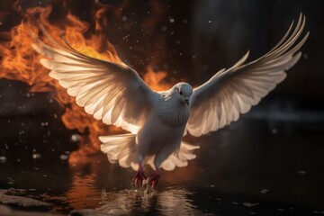 Obraz premium Photo of a white dove with a silhouette light background behind. Holy spirit photography