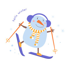 Cartoon snowman in a knitted scarf is skiing vector illustration. Cute winter hero in the style of children`s drawing. Design greeting card for Merry Christmas or poster for New Year celebration.