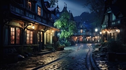 Fototapeta na wymiar Enchanting Nighttime Village. Cozy Lofi Architecture and Block Print Style with Railway Station and Shops 