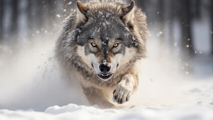 Arctic gray wolf lunging for its prey
