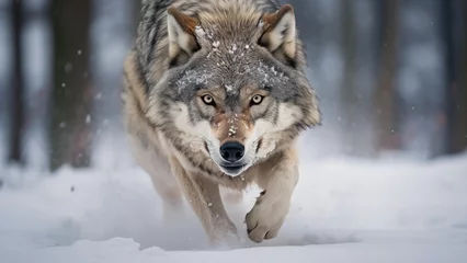 Deurstickers Arctic gray wolf lunging for its prey © DY