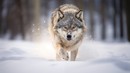 Arctic gray wolf lunging for its prey