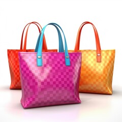 Three colorful bags with handles on a white surface.