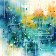 Watercolor background with circuit board patterns and subtle tech elements