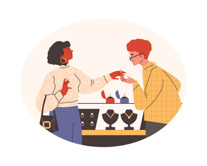 Fototapeta na wymiar Couple choosing wedding ring in jewelry store, flat vector illustration isolated.