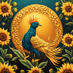 Harmony of good luck and prosperity, the phoenix, the origin of wealth, and the sunflower