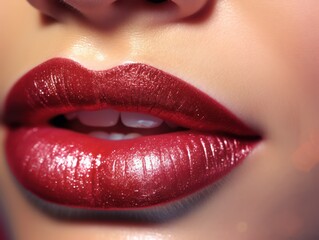 Close-up of a girl's lips, wearing lipstick and glitter. suitable for advertising cosmetics and lip care.