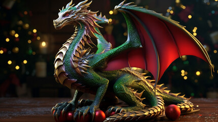 Obraz premium Unusual decorations in the form of a dragon for the New Year tree. Good quality and bright colors. Year of the Dragon. Beautiful background.