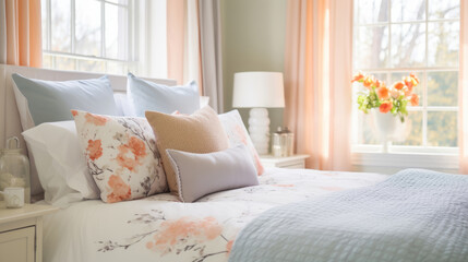 pastel Easter-inspired bedroom interior, close-up of cushions on the bed, cozy pink bedroom