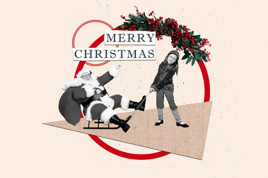 Creative collage image of santa claus elf pull sledge delivery christmas new year greeting card template holiday x-mas congratulation