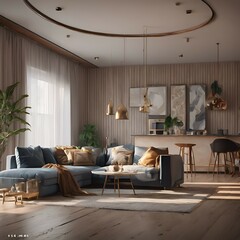 Sleek And Contemporary Living Room With Wooden Wall And Floor 3d Rendering Background
