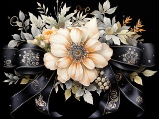 A bouquet of flowers with a black ribbon.