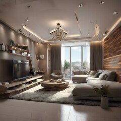 Sleek And Contemporary Living Room With Wooden Wall And Floor 3d Rendering Background
