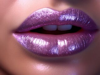Obraz premium Close-up of a girl's lips, wearing lipstick and glitter. suitable for advertising cosmetics and lip care.
