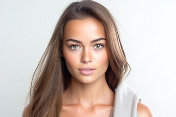 Obraz na płótnie Canvas beautiful young woman with tanned skin long brown hair and green eyes portrait photography white background, Generative AI