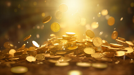 Flying coins on yellow background