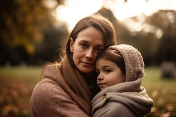 Fototapeta premium mom hugging her daughter in a park, Generative AI