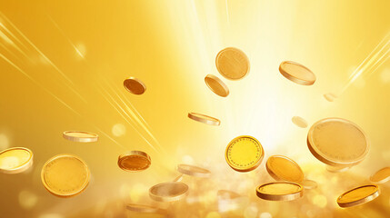 Fototapeta na wymiar Flying coins on yellow background