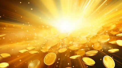 Flying coins on yellow background