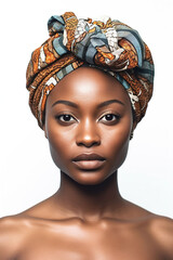 young african woman with amazing skin and head wrap on white background, Generative AI