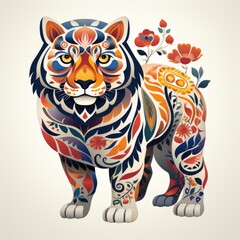 A tiger with a floral pattern on its body.