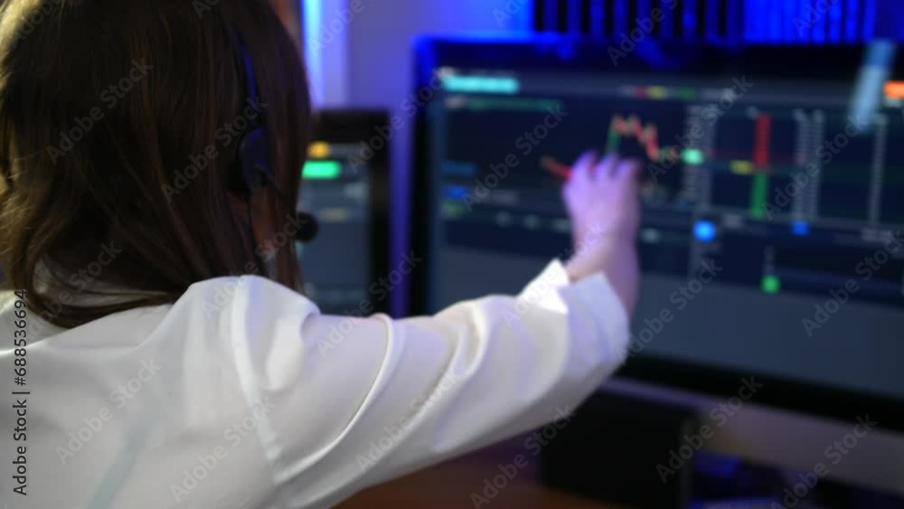Poster female stock trader analyst talking to client wearing headset microphone looking at graphs