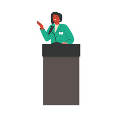 Woman on podium with microphone, vector illustration isolated on white